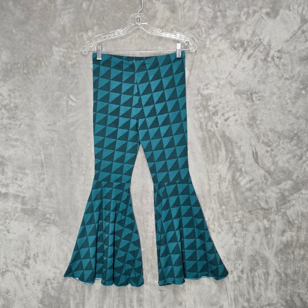 Hawaii's Finest Flare Pants Women‎ XL Teal Geometric Bell Bottom Stretchy Rayon